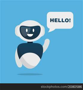 Chat bot say hello. Cute smiling robot isolated on white background. Bot helper mascot. Vector stock