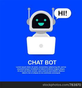 Chat Bot Using Laptop Computer, Robot Virtual Assistance Of Website Or Mobile Applications. Voice support service bot. Online support bot. Vector stock illustration.