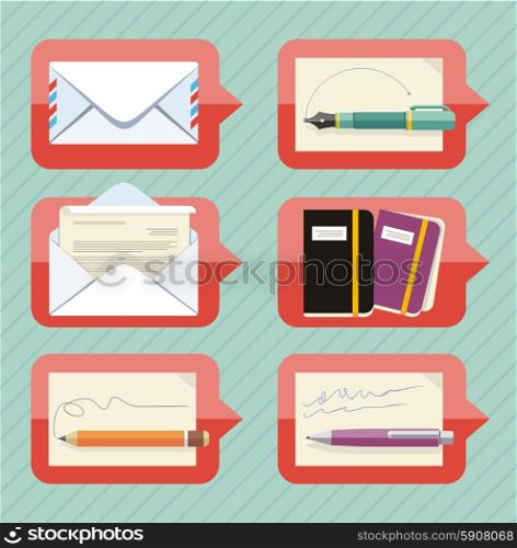 Chat bubble icon set for office objects and supplies with envelope, digital pen, organizer, pen and pencil
