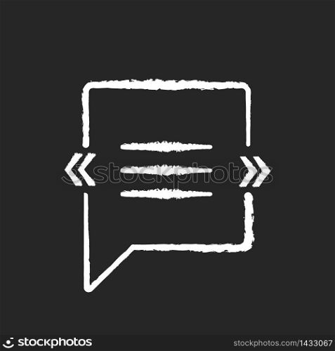 Chat bubble with angle quotes chalk white icon on black background. Empty square box for direct speech. Blank dialogue balloon with quotation marks. Isolated vector chalkboard illustration. Chat bubble with angle quotes chalk white icon on black background