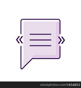 Chat bubble with angle quotes violet RGB color icon. Empty square box for direct speech. Blank dialogue balloon with quotation marks. Isolated vector illustration. Chat bubble with angle quotes violet RGB color icon