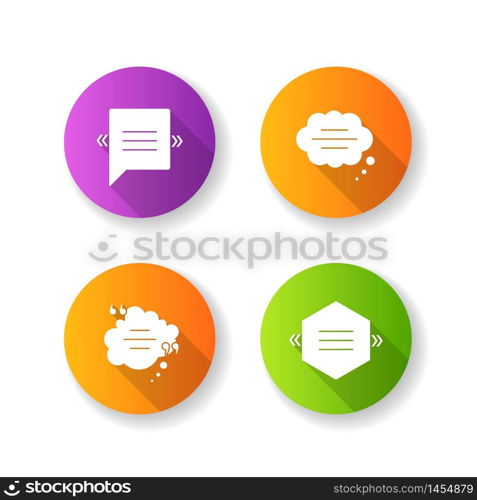 Chat bubble with quotation marks flat design long shadow glyph icons set. Textbox with copyspace. Empty dream clouds. Blank comment box. Silhouette RGB color illustration. Chat bubble with quotation marks flat design long shadow glyph icons set