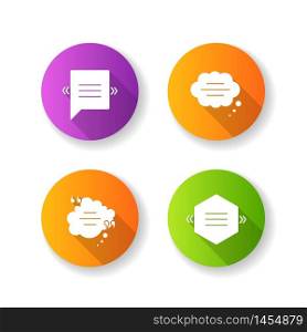 Chat bubble with quotation marks flat design long shadow glyph icons set. Textbox with copyspace. Empty dream clouds. Blank comment box. Silhouette RGB color illustration. Chat bubble with quotation marks flat design long shadow glyph icons set