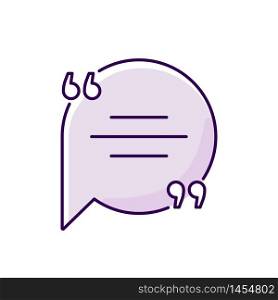 Chat bubble with quotation marks purple RGB color icon. Empty circle box for direct speech. Blank dialogue balloon with text space. Isolated vector illustration. Chat bubble with quotation marks purple RGB color icon