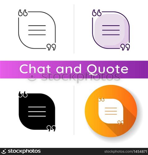 Chat bubble with quotes icon. Empty circle box for direct speech. Blank dialogue frame with quotation marks. Linear black and RGB color styles. Isolated vector illustrations. Chat bubble with quotes icon