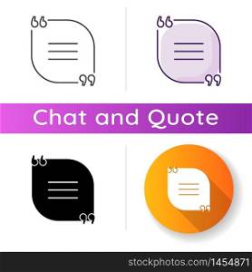 Chat bubble with quotes icon. Empty circle box for direct speech. Blank dialogue frame with quotation marks. Linear black and RGB color styles. Isolated vector illustrations. Chat bubble with quotes icon