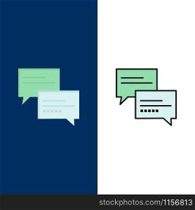 Chat, Comment, Message, Education Icons. Flat and Line Filled Icon Set Vector Blue Background