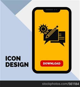 chat, communication, discussion, setting, message Glyph Icon in Mobile for Download Page. Yellow Background. Vector EPS10 Abstract Template background
