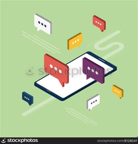 Chat in mobile phone or smart phone on message app, dialogue with speech bubbles. Cellphone online messaging concept, social media. Icon set in isometric vector on green background.