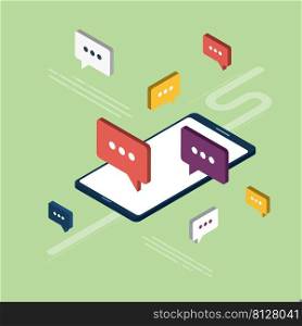 Chat in mobile phone or smart phone on message app, dialogue with speech bubbles. Cellphone online messaging concept, social media. Icon set in isometric vector on green background.