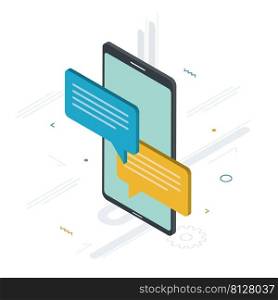 Chat in mobile phone or smartphone on message app, dialogue with speech bubbles. Cellphone online messaging concept, social media. Icon set in isometric vector on white background.