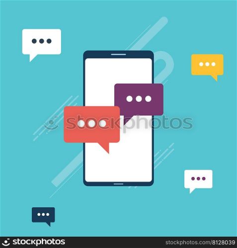 Chat in mobile phone or smartphone on message app, dialogue with speech bubbles. Cellphone online messaging concept, social media. Icon set in flat design vector on blue background.