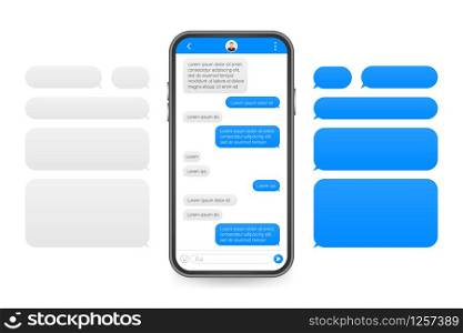 Chat Interface Application with Dialogue window. Clean Mobile UI Design Concept. Sms Messenger. Vector stock illustration. Chat Interface Application with Dialogue window. Clean Mobile UI Design Concept. Sms Messenger. Vector stock illustration.
