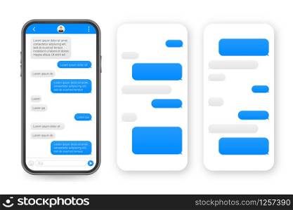 Chat Interface Application with Dialogue window. Clean Mobile UI Design Concept. Sms Messenger. Vector stock illustration. Chat Interface Application with Dialogue window. Clean Mobile UI Design Concept. Sms Messenger. Vector stock illustration.