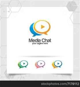 Chat logo design vector concept of speech bubble and play button . Media chat logo vector for app, communication and community.