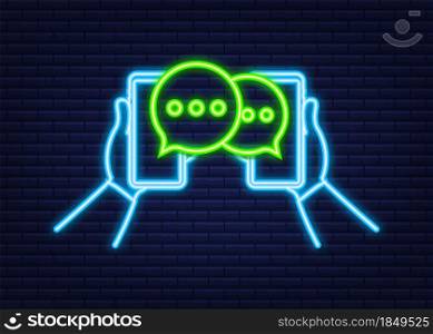 Chat Message Bubbles on smartphone screen. Neon icon. Social network. Messaging. Vector stock illustration. Chat Message Bubbles on smartphone screen. Neon icon. Social network. Messaging. Vector stock illustration.