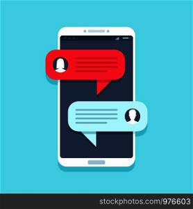 Chat message on smartphone. Mobile phone chatting, people texting cellphone messages and sms messaging bubble text on phones screen, woman and man conversation vector flat illustration. Chat message on smartphone. Mobile phone chatting, people texting messages and sms bubble on phones screen vector flat illustration