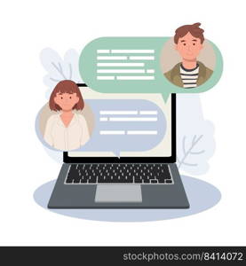 Chat messages on computer, laptop pc with chatting bubble notifications, concept of people messaging on internet. Vector illustrations.