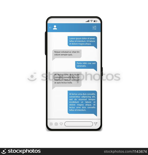 Chat on phone screen. Mobile messenger template. Social network mock up with message using in dialogue. Vector cellphone template concept chatting technology. Chat on phone screen. Mobile messenger template. Social network mock up. Vector cellphone chatting concept