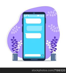 Chat on phone screen with empty speech text-boxes. Mobile messenger template vector. Dialogue message for social network. Chatting technology is shown.. Chat on phone screen with empty speech text-boxes. Mobile messenger template vector. Dialogue message for social network.