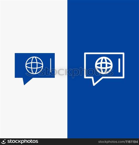 Chat, World, Technical, Service Line and Glyph Solid icon Blue banner Line and Glyph Solid icon Blue banner