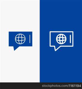 Chat, World, Technical, Service Line and Glyph Solid icon Blue banner Line and Glyph Solid icon Blue banner