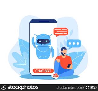 Chatbot ai and customer service concept. man talking with chatbot in a big smartphone screen. AI robot assistant for user correspondence. Customer support. Helping. Vector illustration in flat style. Chatbot ai and customer service concept.