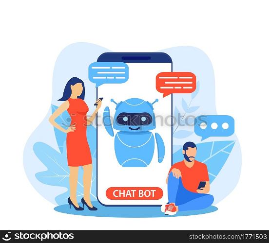 Chatbot ai and customer service concept. People talking with chat bot in a big smartphone screen. AI robot assistant for user correspondence. Customer support. Vector illustration in flat style. Chatbot ai and customer service concept.