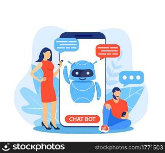 Chatbot ai and customer service concept. People talking with chat bot in a big smartphone screen. AI robot assistant for user correspondence. Customer support. Vector illustration in flat style. Chatbot ai and customer service concept.