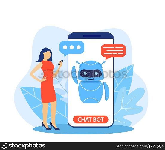 Chatbot ai and customer service concept. woman talking with chatbot in a big smartphone screen. AI robot assistant for user correspondence. Customer support. Helping. Vector illustration in flat style. Chatbot ai and customer service concept.