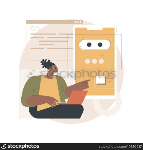 Chatbot app development abstract concept vector illustration. Chatbot application, bot development framework, AI programming, messaging mobile app, communication service, UX abstract metaphor.. Chatbot app development abstract concept vector illustration.
