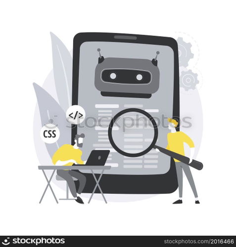 Chatbot app development abstract concept vector illustration. Chatbot application, bot development framework, AI programming, messaging mobile app, communication service, UX abstract metaphor.. Chatbot app development abstract concept vector illustration.