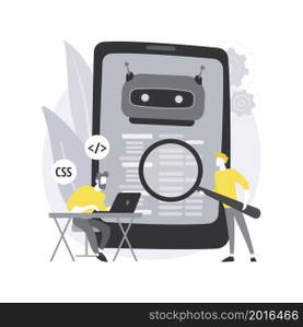 Chatbot app development abstract concept vector illustration. Chatbot application, bot development framework, AI programming, messaging mobile app, communication service, UX abstract metaphor.. Chatbot app development abstract concept vector illustration.