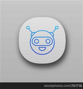 Chatbot app icon. UI/UX user interface. Talkbot. Circle head laughing chat bot. Modern robot. Virtual assistant. Web or mobile application. Vector isolated illustration. Chatbot app icon