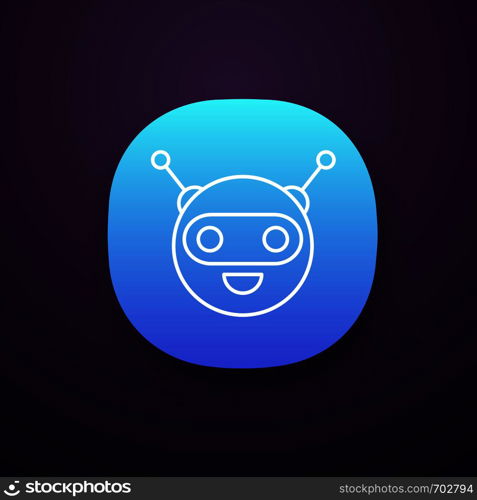 Chatbot app icon. UI/UX user interface. Talkbot. Circle head laughing chat bot. Modern robot. Virtual assistant. Web or mobile application. Vector isolated illustration. Chatbot app icon