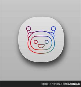 Chatbot app icon. UI/UX user interface. Talkbot. Laughing chat bot. Modern robot. Virtual assistant. Conversational agent. Web or mobile application. Vector isolated illustration. Chatbot app icon