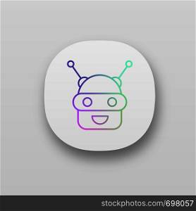 Chatbot app icon. UI/UX user interface. Talkbot. Modern robot. Android laughing chat bot. Virtual assistant. Conversational agent. Web or mobile application. Vector isolated illustration. Chatbot app icon