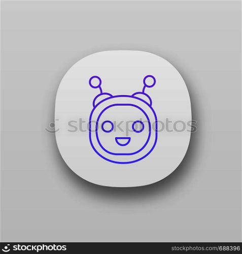 Chatbot app icon. UI/UX user interface. Talkbot. Modern robot. Round head laughing chat bot. Virtual assistant. Conversational agent. Web or mobile application. Vector isolated illustration. Chatbot app icon