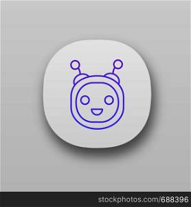 Chatbot app icon. UI/UX user interface. Talkbot. Modern robot. Round head laughing chat bot. Virtual assistant. Conversational agent. Web or mobile application. Vector isolated illustration. Chatbot app icon