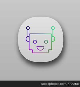 Chatbot app icon. UI/UX user interface. Talkbot. Modern robot. Square head laughing chat bot. Virtual assistant. Conversational agent. Web or mobile application. Vector isolated illustration. Chatbot app icon