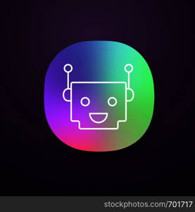 Chatbot app icon. UI/UX user interface. Talkbot. Modern robot. Square head laughing chat bot. Virtual assistant. Conversational agent. Web or mobile application. Vector isolated illustration. Chatbot app icon