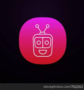 Chatbot app icon. UI/UX user interface. Talkbot. Modern robot. Square head laughing chat bot. Virtual assistant. Conversational agent. Web or mobile application. Vector isolated illustration. Chatbot app icon