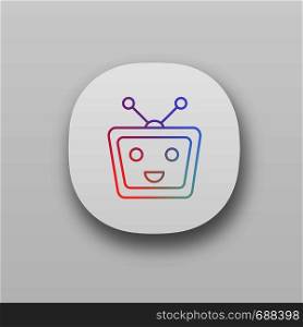 Chatbot app icon. UI/UX user interface. Talkbot. Modern robot. TV laughing chat bot. Virtual assistant. Conversational agent. Web or mobile application. Vector isolated illustration. Chatbot app icon