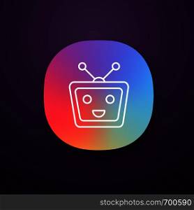 Chatbot app icon. UI/UX user interface. Talkbot. Modern robot. TV laughing chat bot. Virtual assistant. Conversational agent. Web or mobile application. Vector isolated illustration. Chatbot app icon