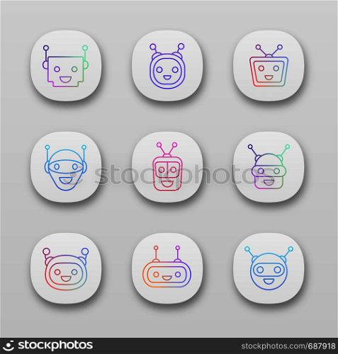 Chatbot app icons set. UI/UX user interface. Modern robots emojis. Laughing, happy chat bot smileys. Virtual assistants. Web or mobile applications. Vector isolated illustrations. Chatbot app icons set
