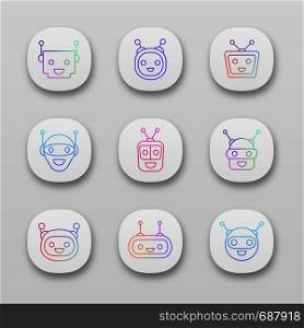 Chatbot app icons set. UI/UX user interface. Modern robots emojis. Laughing, happy chat bot smileys. Virtual assistants. Web or mobile applications. Vector isolated illustrations. Chatbot app icons set