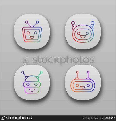 Chatbot app icons set. UI/UX user interface. Talkbots. Laughing virtual assistants. Conversational agents. Modern robots. Web or mobile applications. Vector isolated illustrations. Chatbot app icons set