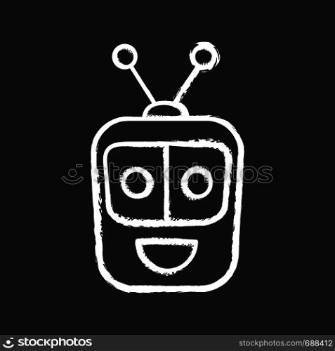 Chatbot chalk icon. Talkbot. Modern robot. Square head laughing chat bot. Virtual assistant. Conversational agent. Isolated vector chalkboard illustration. Chatbot chalk icon