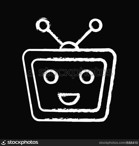 Chatbot chalk icon. Talkbot. Modern robot. TV laughing chat bot. Virtual assistant. Conversational agent. Isolated vector chalkboard illustration. Chatbot chalk icon