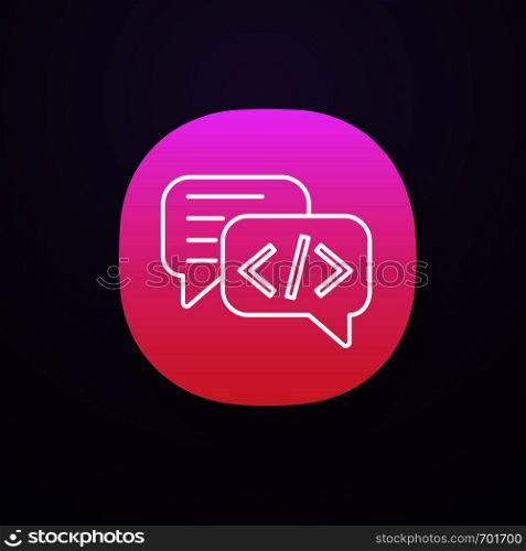 Chatbot coding app icon. UI/UX user interface. Talkbot with chip insert. Codebot. Code writing virtual assistant. Online helper. Web or mobile application. Vector isolated illustration. Chatbot coding app icon